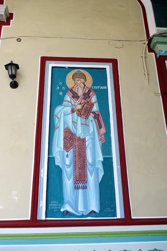 An image of Saint Spyridon decorates the church's exterior.